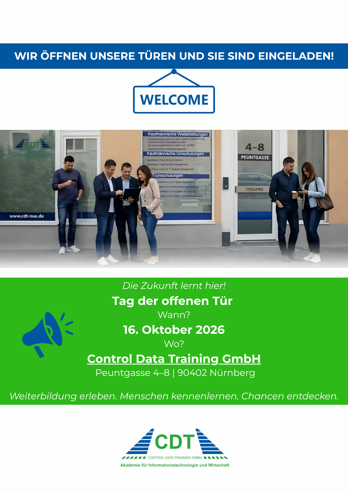 Flyer: Tag der offenen Tür bei CDT am 16. Oktober 2026, Peuntgasse 4-8, 90402 Nürnberg